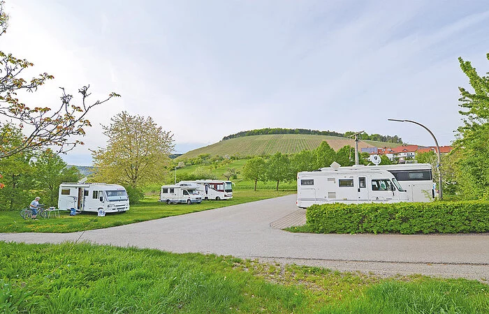 Wohnmobilstellplatz im Grünen, im Hintergrund Weinberge