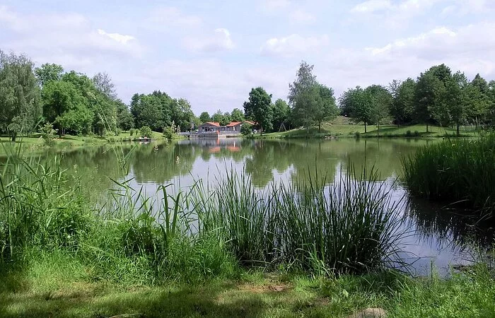 Badesee im Grünen, im Hintergrund Häuser