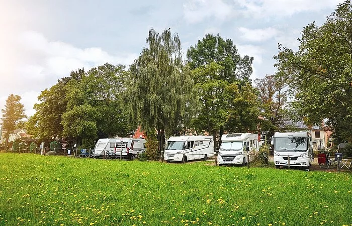 Wohnmobile im Grünen unter Bäumen auf einer Wiese