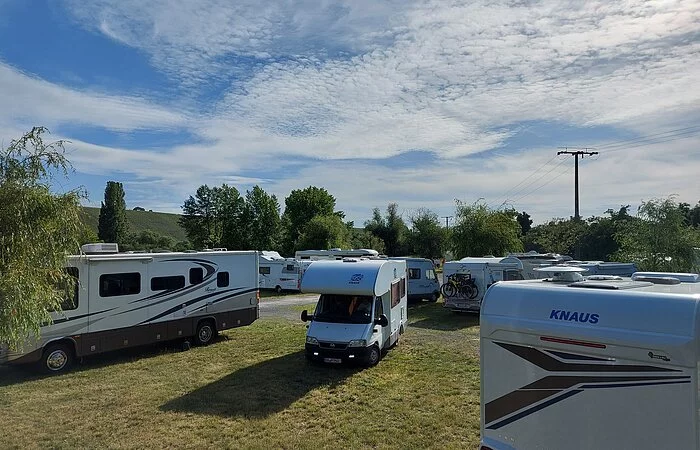 Wohnmobile auf einer Wiese, im Hintergrund Bäume und Weinberge